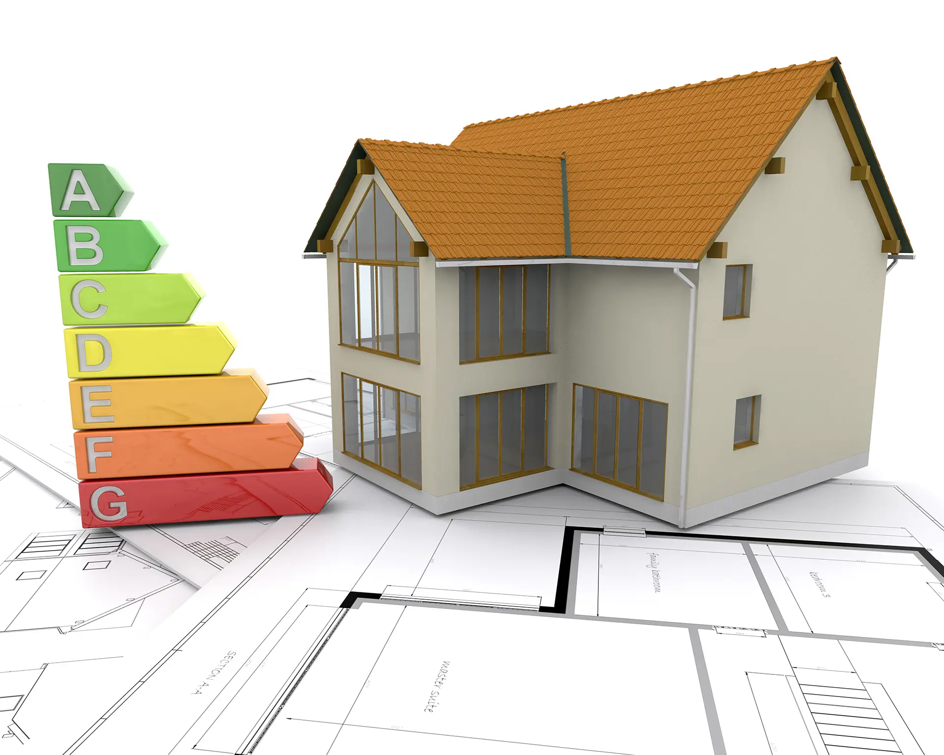 Imagen 3D de una casa sostenible representando la construcción passive house