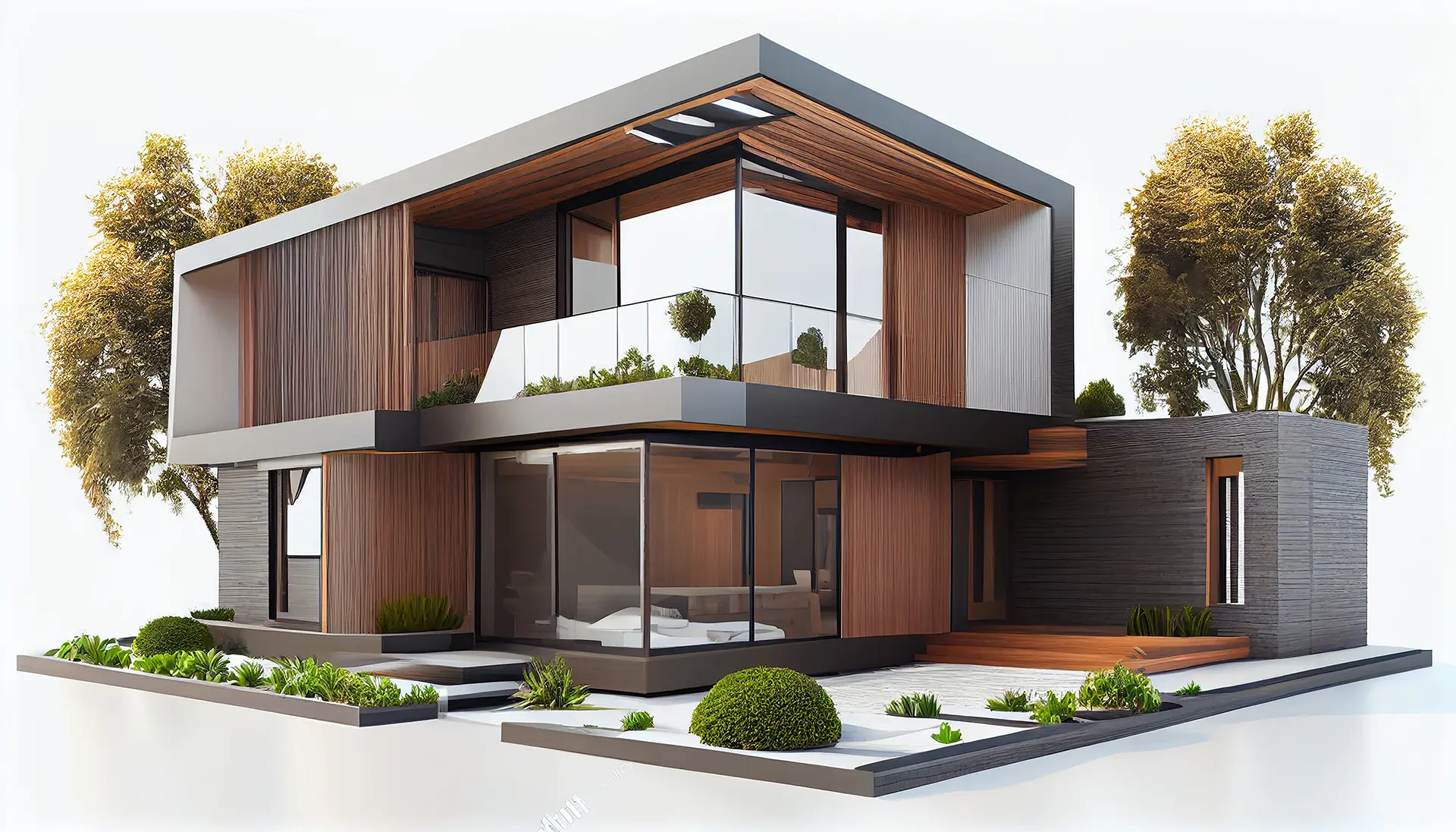 3D de una casa representativa de la construcción sostenible